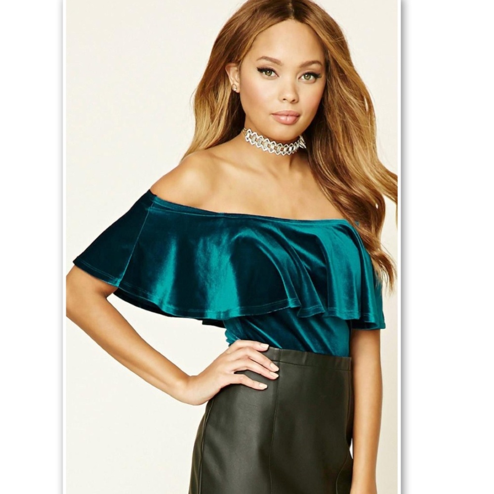 NWT Forever 21 Velvet Bodysuit Teal Large - Picture 2 of 3